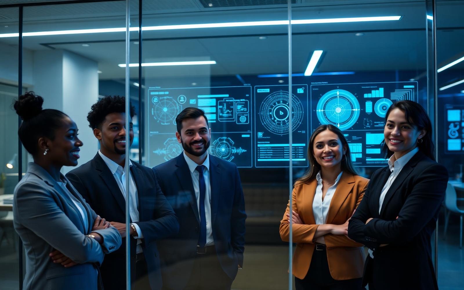 Business team collaborating with AI dashboards